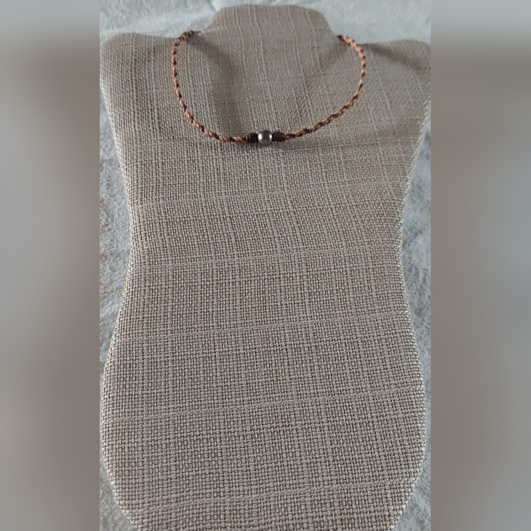 Handmade Peacock Pearl Tan Bronze Brown Braided Leather Necklace 20$